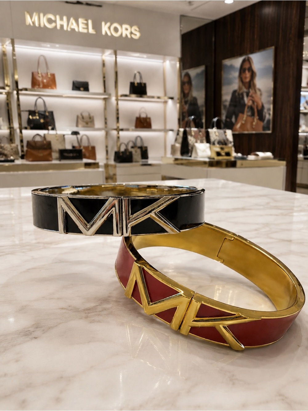 Michael Kors Enamel MK Logo Bangle Bracelets in Black & Red with Gold-Tone